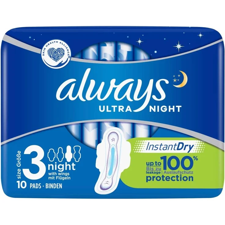 Always Ultra Night Damenbinden Gr.3 mit Flügel mit InstantDry-System SecureGuard-Konturen für zusätzliche Sicherheit geruchsneutralisierende Technologie 10 Stück