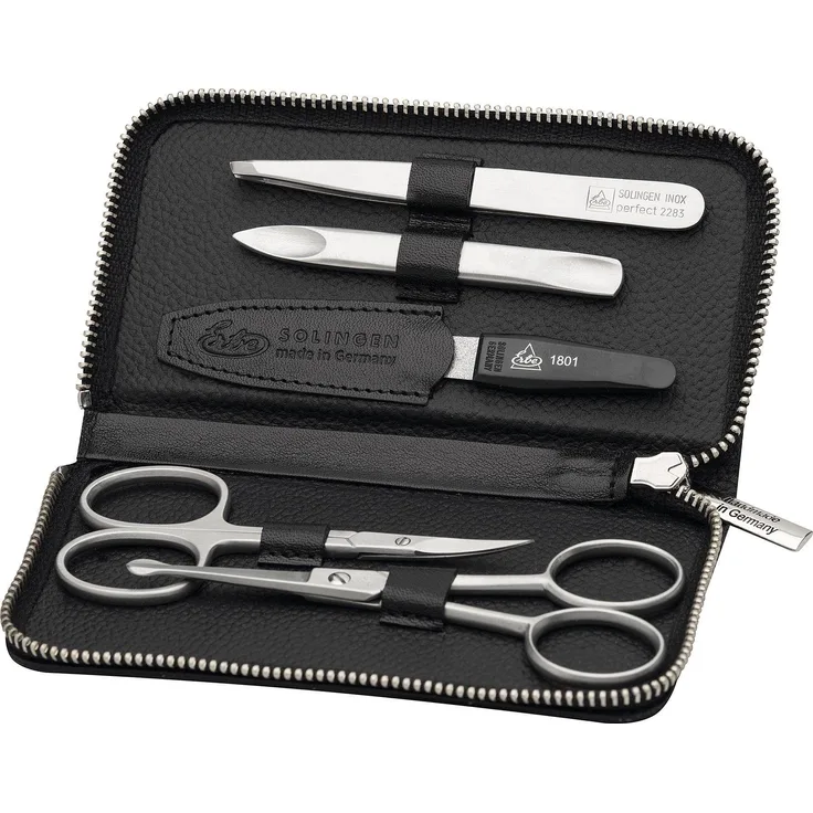 Erbe Maniküre-Etui Maniküre-Bartpflege-Reißverschluss-Etui aus echtem Leder, 5 tlg., bestückt mit Solinger Premium Stahlwaren