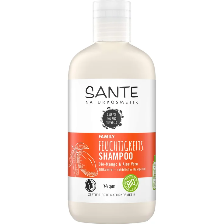 Sante Naturkosmetik 40306 Family Feuchtigkeits Shampoo Bio-Mango & Aloe Vera Spendet Feuchtigkeit glänzendes Haar Natürliche Haarpflege Für Trockenes Haar Vegan 250 ml 250 ml,