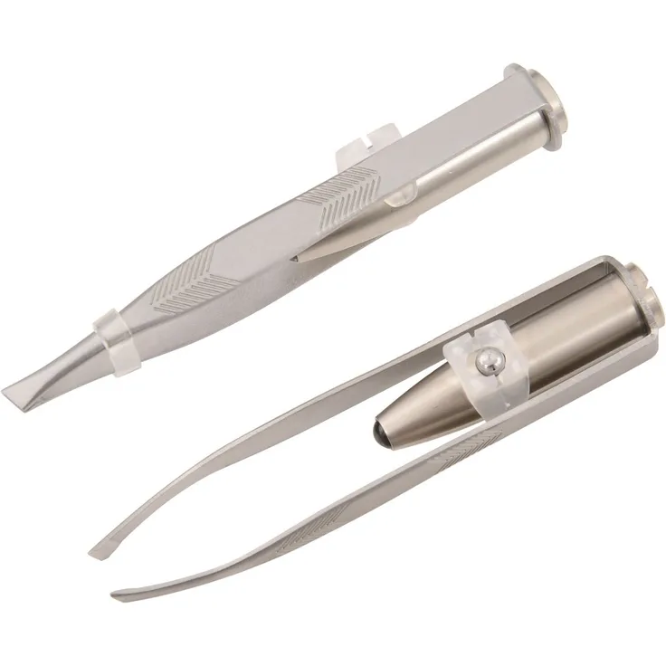 Nippes Pinzette mit LED-Licht schräg rostfrei, Form: schräg, Größe: 80 mm, aus rostfreiem Solinger Stahl 