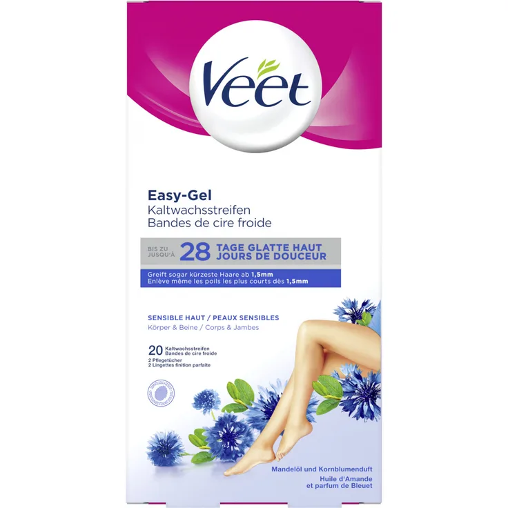 Veet Easy-Gel Kaltwachsstreifen auch für sensible Haut geeignet, mit Mandelöl und Kornblumenduft 20 Stück