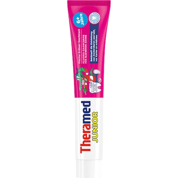 Theramed Junior Erdbeere mit Fluorid, 75 ml, für saubere und gesunde Zähne, speziell für Kinder – Bild 1