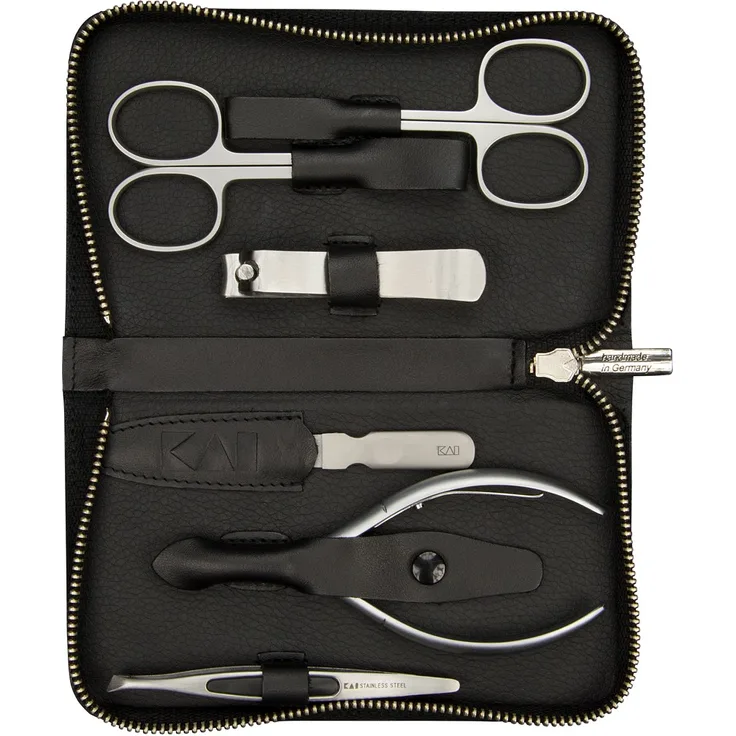 Kai Nagelpflege Set im Nappa Leder Reißverschluss Etui, inkl. Nagel- & Hautschere, Knipser, Feile, Nagelzange, Pinzette