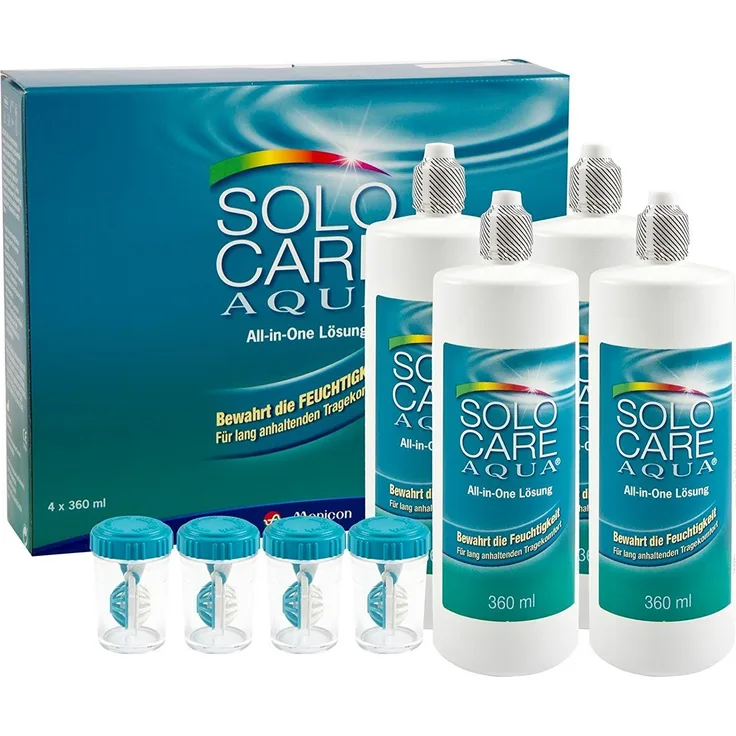 Menicon Solo Care Aqua 4 x 360 ml All-in-One-Lösung für weiche Kontaktlinsen, inkl. 4 Aufbewahrungsbehälter