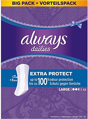 Always dailies Extra Protect, Slipeinlagen Large Schutz gegen Gerüche 3 mm dünn 2,5 von 3 Tropfen Vorteilspack, 42 Stück