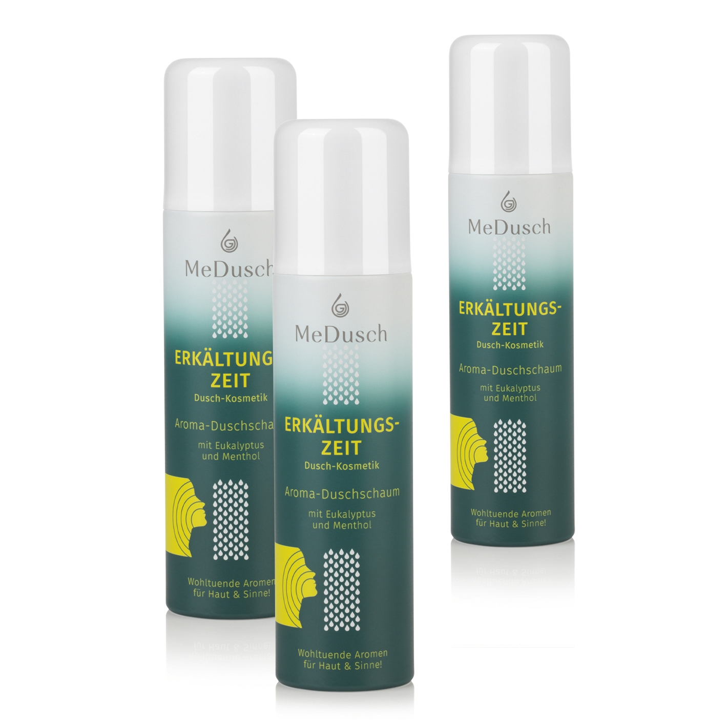 MeDusch Duschschaum Erkältungszeit mit wohltuendem Ätherischem Eukalyptusöl Menthol sowie pflegenden pflanzlichen Ölen 3er-Set je 150 ml