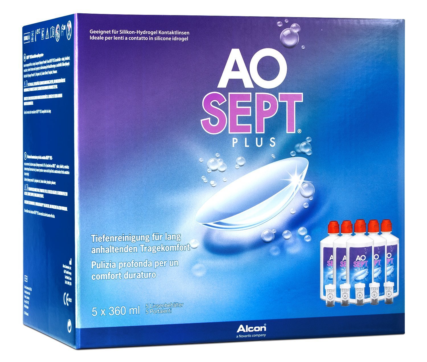 Alcon Aosept Plus Sparpack 5 x 360 ml All-in-One-Lösung für weiche & harte Kontaktlinsen, inkl. 5 Aufbewahrungsbehälter