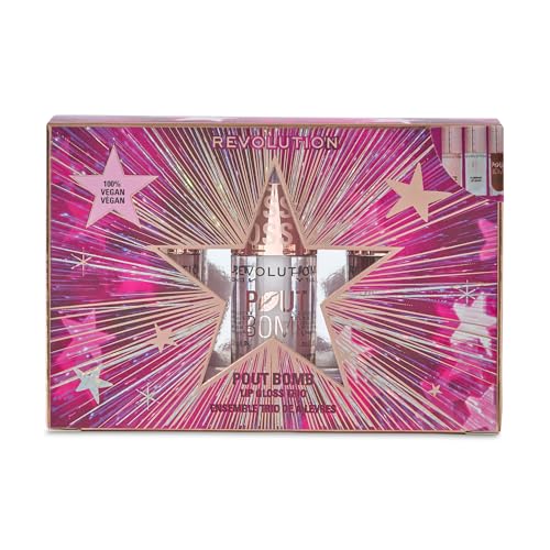 Revolution Pout Bomb Plumping Lip Gloss Trio Gift Set, 3 Originalgrößen mit Hyaluronsäure & Peptiden, vegan & tierversuchsfrei, Farben: Glaze Clear, Jelly Berry Mauve, Candy Nude Pink