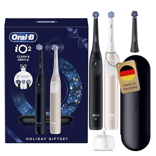 Oral-B iO Series 2, Elektrische Zahnbürste DUO Pack mit 2 Handstücken, 3 Aufsteckbürsten, Reise-Etui, 3 Putzmodi, Schwarz/Pink