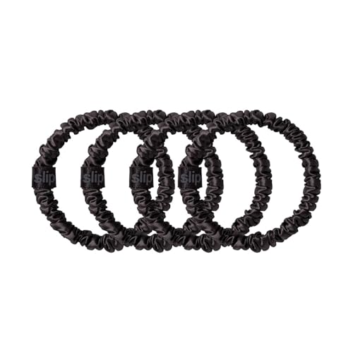 Slip Silk Skinny Scrunchies - vierteiliges Zopfgummi Set aus Seide - haarschonende Haargummis gegen Haarbruch - aus 100% Maulbeerseide - 1 x 4 Stück - Schwarz
