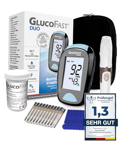 GLUCOFAST Duo Blutzuckermessgerät Starter-Set, inkl. 10 Teststreifen & Lanzetten, präzise Blutzucker- und Hämatokritbestimmung, hygienische Anwendung