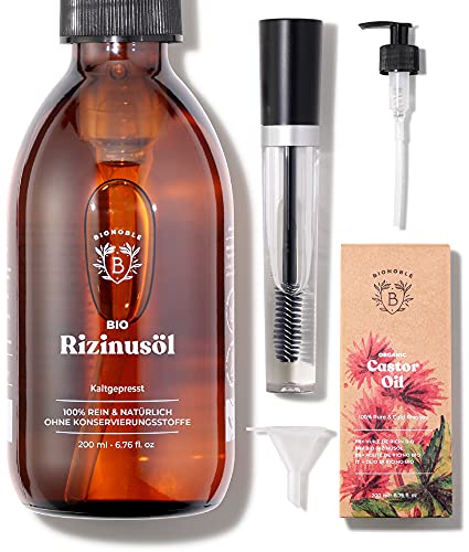 Bionoble Rizinusöl Bio 200ml - 100% Rein, Natürlich und Kaltgepresst - Wimpern, Augenbrauen, Haare, Bart, Nägel - Vegan und Cruelty Free - Castor Oil - Glasflasche + Pumpe + Mascara Kit