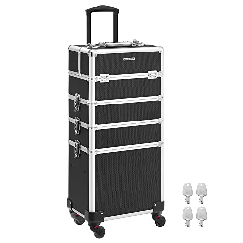 SONGMICS Kosmetikkoffer, Trolley, 4-in-1 Schminkkoffer, groß, abschließbar, 360° drehbare Rollen, für Reisen, Geschenkidee, schwarz JHZ11BK