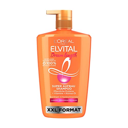 L'Oréal Paris Elvital XXL Shampoo gegen Spliss, Für traumhaft langes Haar, Mit Rizinus-Öl, Vitaminen und pflanzlichen Proteinen, Dream Length Super Aufbau Haarshampoo, 1 x 1000 ml