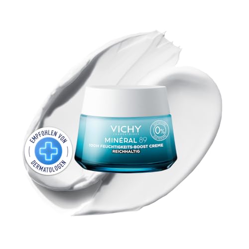 VICHY 100H Feuchtigkeits-Boost Gesichtscreme für trockene Haut, Stärkt und regeneriert, Mit Hyaluronsäure, Mineralien, Niacinamid (B3), Squalan & Lipiden, Minéral 89, 50 ml