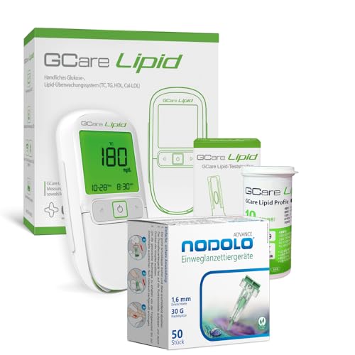 GCare LIPID Cholesterin Messgerät, Blutfett Messsystem für Zuhause mit 10 Teststreifen und 50 Stechhilfen, präzise Ergebnisse für Gesamtcholesterin und Triglyceride