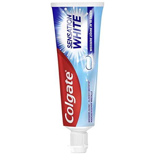 Colgate Sensation White Zahnpasta, 75 ml, zahnschmelzschonende Zahnaufhellung mit mikroreinigenden Kristallen und Karies-/Plaqueschutz