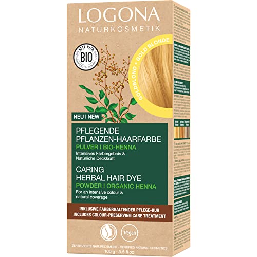LOGONA Naturkosmetik Pflegende pflanzliche Haarfarbe, Veganes Haarfarbe-Pulver mit Bio-Henna für intensive Farbe und Glanz, Pflanzenhaarfarbe in Goldblond (Blond), 1 x 100g