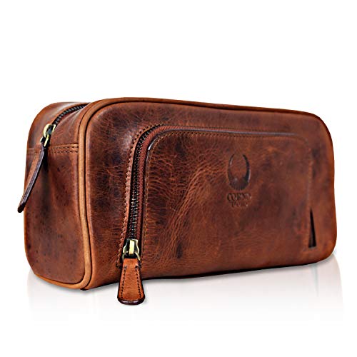Corno d´Oro Handmade Reise Kulturtasche Damen Groß I Kulturbeutel Herren Leder mit Zwei Fächern I XXL Kosmetiktasche für Reisetasche und Weekender, in eleganter Vintage-Lederoptik