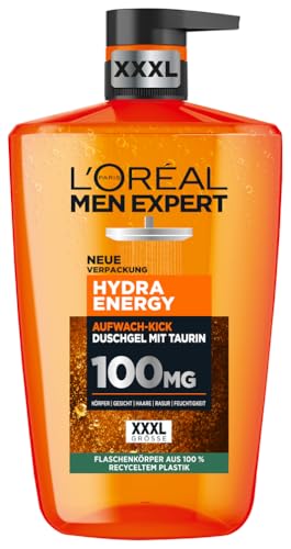 L'Oréal Men Expert Hydra Energy Duschgel und Shampoo für Männer, 1 x 1000 ml, holzig-frischer Duft, belebende Formel mit Taurin, recyceltes Plastik