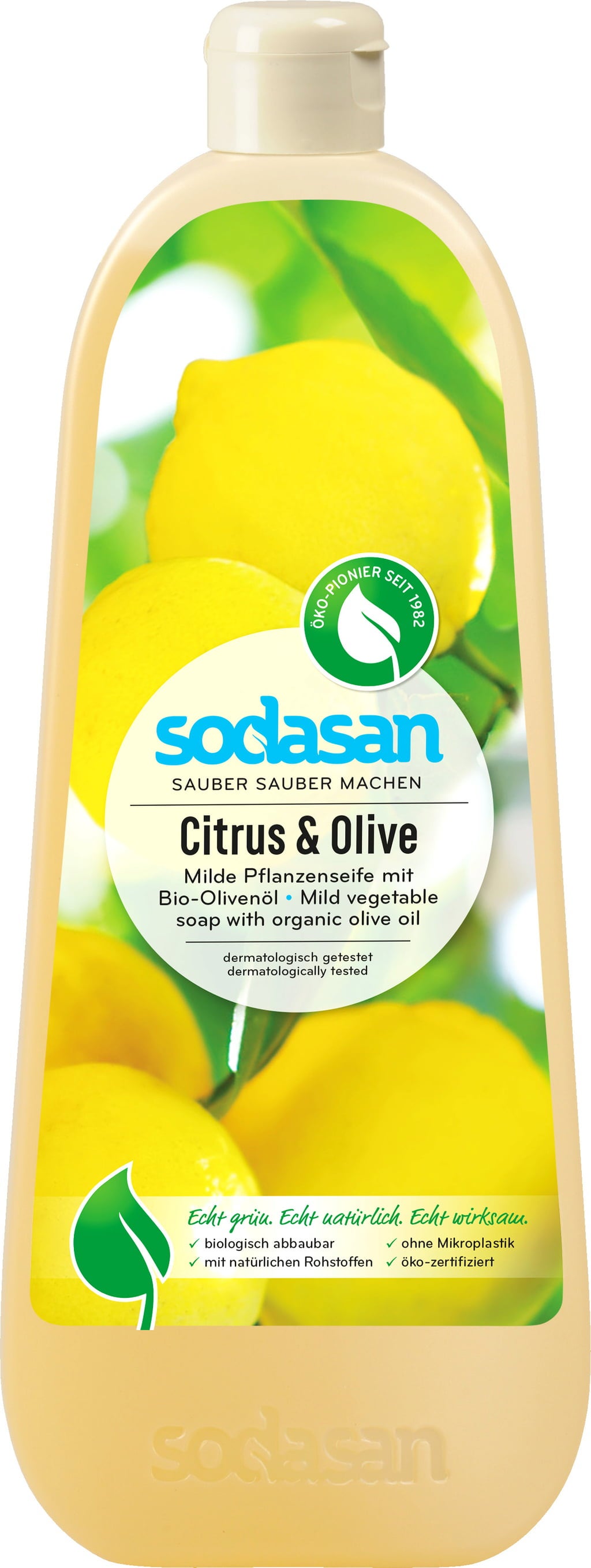 SODASAN Flüssigseife Zitrus & Olive, hautschonende Handseife mit natürlichem Duft aus ätherischen Ölen, 1 l