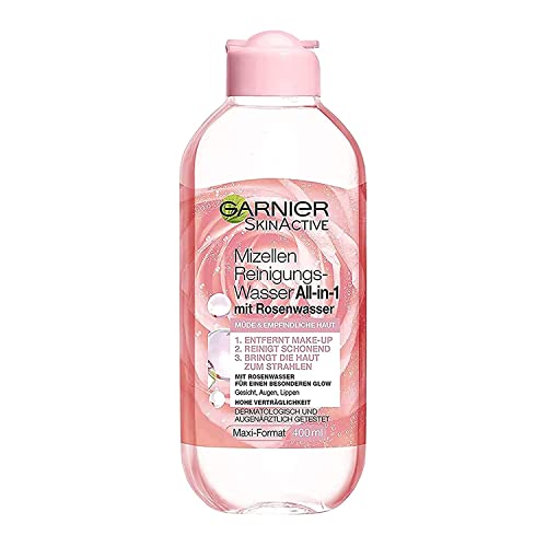 Garnier All-in-1 Mizellen Reinigungswasser mit Rosenwasser für einen besonderen Glow, Make up Entferner und Gesichtsreinigung für empfindliche Haut, Skin Active, 1 x 400 ml