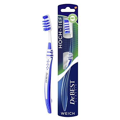 Dr.BEST Hoch-Tief Zahnbürste, Weich (1 Stück). Die kürzeren Borstenreihen reinigen die Zahnoberfläche, die längeren sind speziell für die Reinigung der Zahnzwischenräume konzipiert