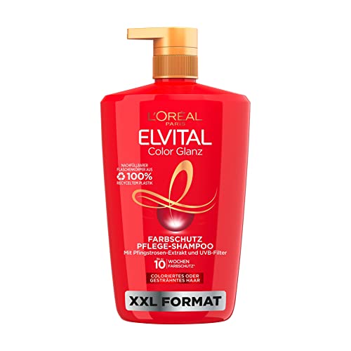 L'Oréal Paris Elvital XXL Farbschutz Shampoo für coloriertes, getöntes oder gesträhntes Haar, Mit Pfingstrosen Extrakt und UVA-/UVB- Filter, Color Glanz Pflegeshampoo, 1 x 1000 ml