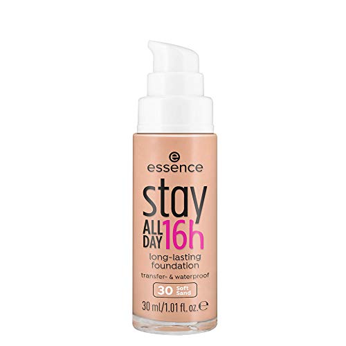 essence stay ALL DAY 16h long-lasting Foundation, Make Up, wischfest, wasserfest, Nr. 30 Soft Sand, nude, für Mischhaut, langanhaltend, mattierend, matt, vegan, ölfrei, wasserfest (30ml)
