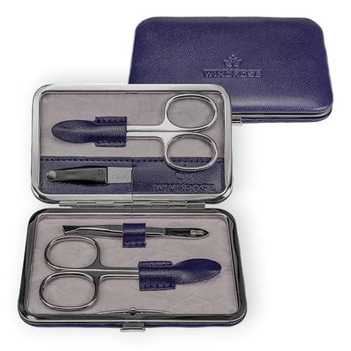 Windrose Maniküre Merino Moda, dunkelblau, hochwertiges Handarbeitset mit Pinzette, Nagelschere, Nagelnipser und Nagelfeile, Maße 11 x 1,4 x 7 cm, Kunstleder