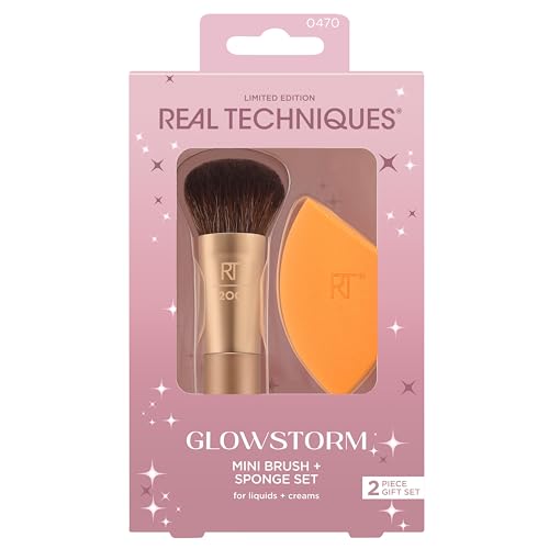 Real Techniques Glowstorm Mini-Pinsel + Schwamm-Set, 2-teiliges Geschenkset in limitierter Auflage, orange