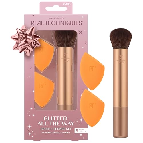 REAL TECHNIQUES Glitter All The Way Pinsel + Schwamm Kit, 3-teiliges Geschenkset in limitierter Auflage, mit RT 220 Light Layers Teint Pinsel und Midi Miracle Teint Schwämmen