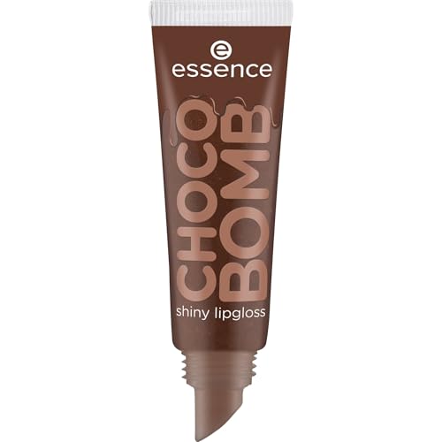 essence CHOCO BOMB shiny lipgloss, Lipgloss in Braun mit goldenen Schimmerpartikeln und Schokoladenduft