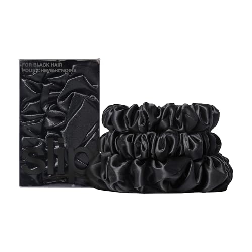 SLIP Silk Back to Basics 3-teiliges Haargummi-Set aus Maulbeerseide - Haarschonende Zopfgummis gegen Haarbruch - 2 x Scrunchies Mittel, 1 x Groß - Schwarz
