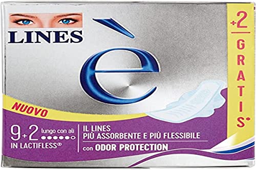 Lines Lang Damenbinden mit saugfähigen Flügeln aus Lactiflex, 9 Stück + 2 gratis, hypoallergen, maximale Saugfähigkeit und Komfort