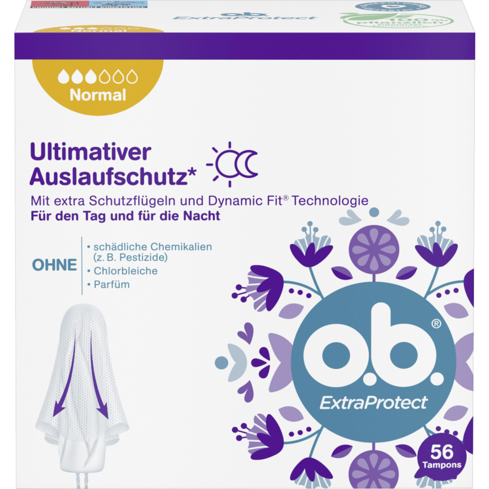 o.b. ExtraProtect Tampons Normal, mit extra Schutzflügeln und Dynamic Fit Technologie, 100% pflanzlich basierter Tamponkern, gynäkologisch getestet