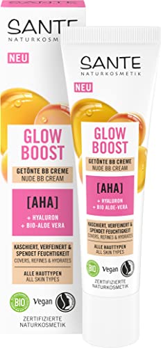 SANTE Naturkosmetik Glow Boost getönte BB Creme, pflegende Tagescreme mit AHA, Hyaluron und Bio-Aloe Vera, vegane Gesichtspflege für perfekten Glow mit Nude-Effekt, 30ml