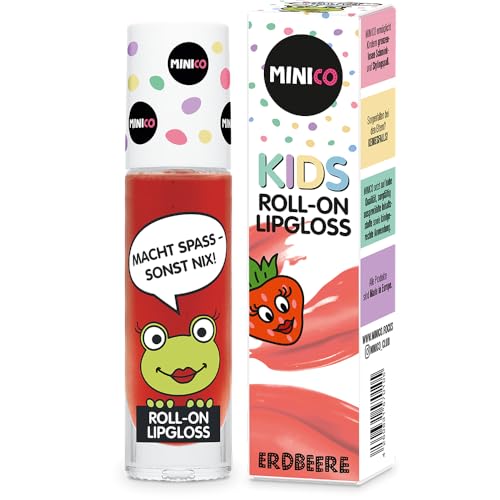 MINICO Lipgloss für Kinder, 6 ml, fruchtige Aromen (Kirsche, Himbeere, Papaya, Erdbeere), sanfte Pflege mit Vitamin E und Rizinusöl