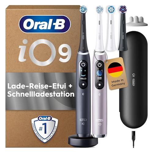 Oral-B iO Series 9 Plus Edition Doppelpack Elektrische Zahnbürste mit 7 Putzmodi, 4 Aufsteckbürsten, Lade-Reiseetui, designed by Braun, black onyx/rose quartz