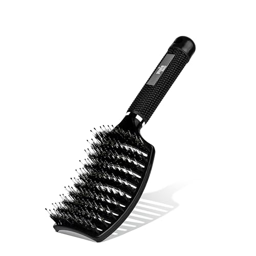 YUAIA Haircare Curved Paddle Brush, Haarbürste mit Wildschweinborsten für alle Haartypen, Schwarz