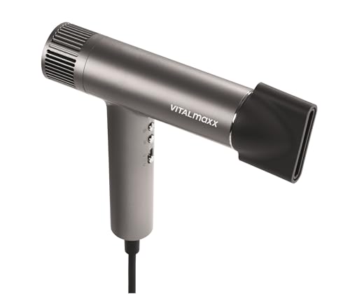 VITALmaxx STYLE & SHINE Slim Hairdryer, Ionen Föhn mit BLDC-Motor, 1500W, 3 Temperaturstufen, 2 Geschwindigkeiten, 2 Aufsätze und digitales Display, extra leise