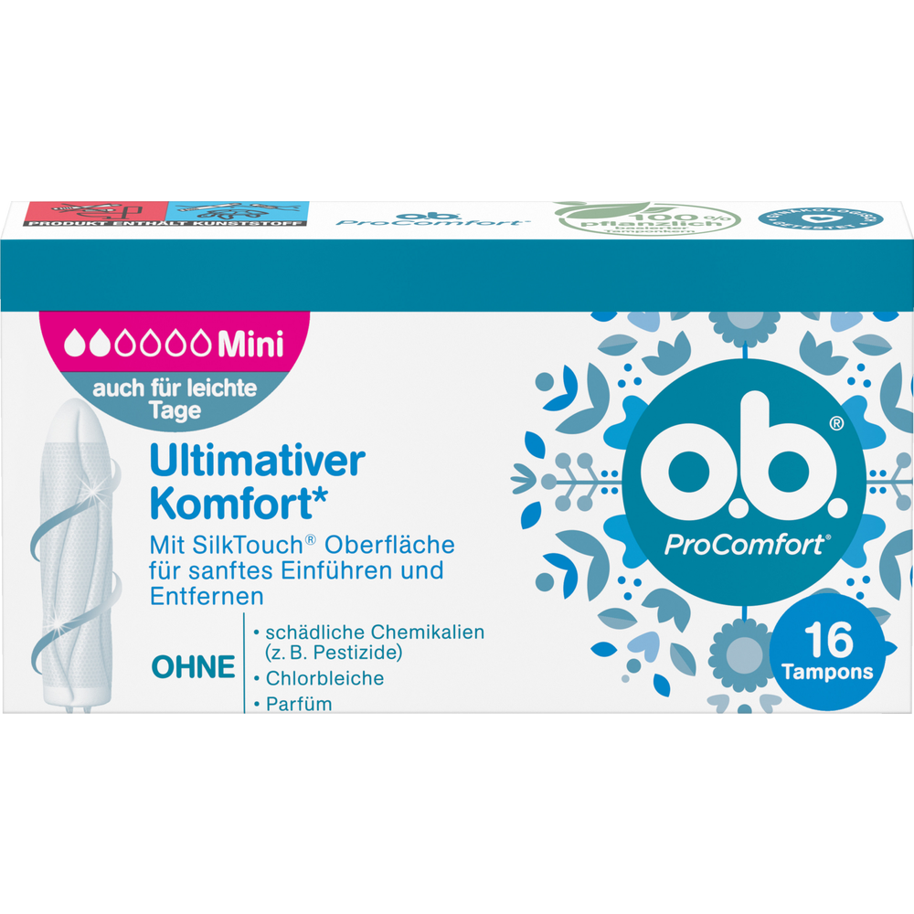 o.b. ProComfort Tampons Mini, mit Dynamic Fit Technologie und SilkTouch Oberfläche, gynäkologisch getestet, 100% pflanzlich basierter Tamponkern