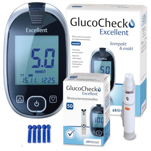 aktivmed GlucoCheck Excellent Starter-Set, Blutzuckermessgerät mit USB-Anschluss, 60 Teststreifen, nur 0,5 µl Blutmenge, Messdauer 5 Sekunden, hygienische Auswurf-Taste