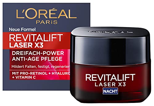 L'Oréal Paris RevitaLift Laser X3 Anti-Aging-Nachtcreme für Frauen: strafft die Haut, mildert Falten, mit Pro-Retinol, Hyaluronsäure und Vitamin C, 50ml