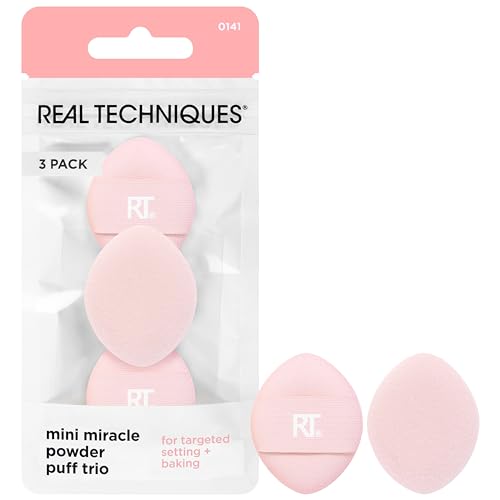 Real Techniques Mini Miracle Powder Puff Trio, For Setting & Baking, Mini Makeup Puff For Loose & Pressed Powder, Targeted Setting Under Eyes & On Blemishes, Travel Friendly & Reusable, 3 Count