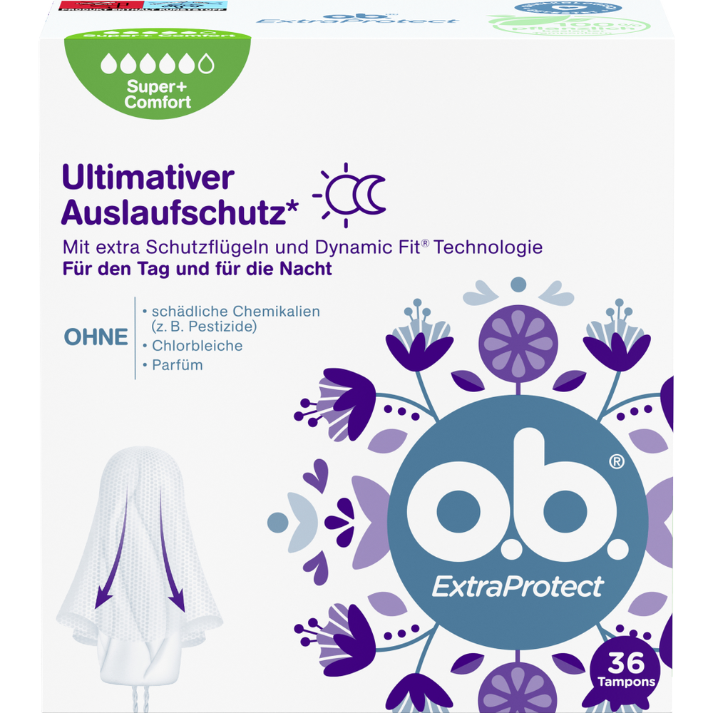 o.b. ExtraProtect Tampons Super+ Comfort, gynäkologisch getestet mit Dynamic Fit Technologie und extra Schutzflügeln für sehr starke Perioden