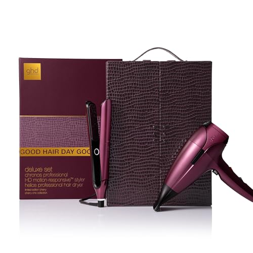 ghd Limited Edition Deluxe Geschenkset Cherry Chic, Glätteisen & Haartrockner mit HD-Motion Responsive Technologie im exklusiven Vanity Case, kirschrot