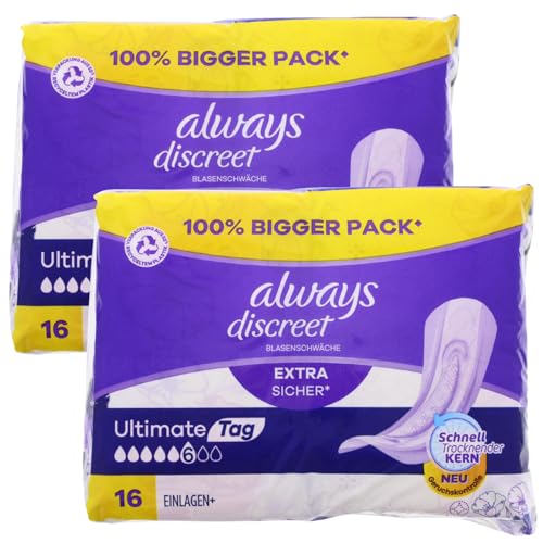 Always Discreet Extra Sicher Ultimate Tag, 2 x 16 Inkontinenz Einlagen Extra Lang, ultra dünner RapidDry Kern, langanhaltender Geruchsverschluss