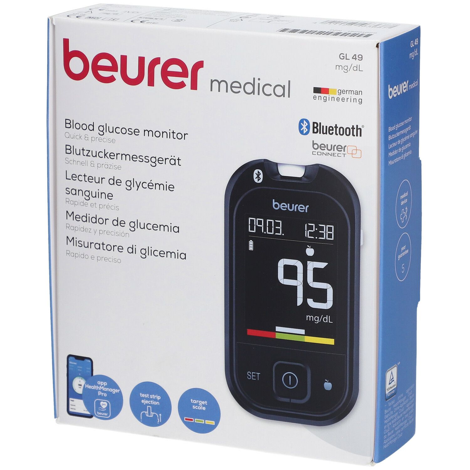 Beurer GL49 Blutzuckermessgerät für optimiertes Diabetesmanagement, mg/dl, 1 Stück