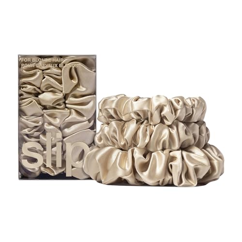 SLIP Silk Back to Basics 3-teiliges Haargummi-Set aus 100% Maulbeerseide - 2 x Scrunchies Mittel, 1 x Groß - Blond - Haarschonende Zopfgummis gegen Haarbruch